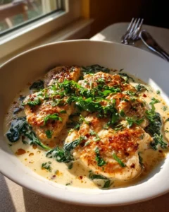 Plated creamy garlic Parmesan chicken with sides