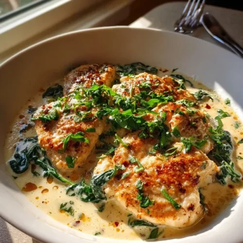Plated creamy garlic Parmesan chicken with sides