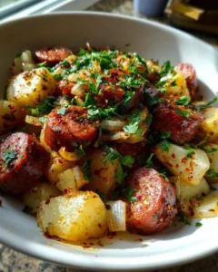 Family-style serving of smoked sausage and potatoes dinner