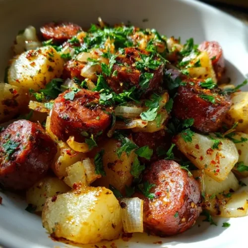 Family-style serving of smoked sausage and potatoes dinner