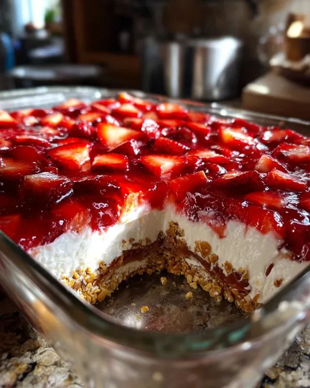 Finished strawberry pretzel salad on serving plate