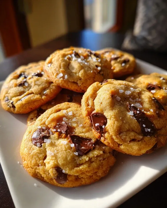 Stacked salted caramel chocolate chip cookies next to glass of milk