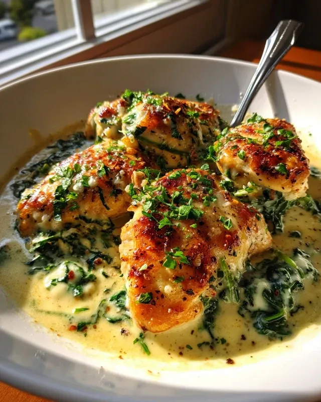Plated creamy garlic Parmesan chicken with sides