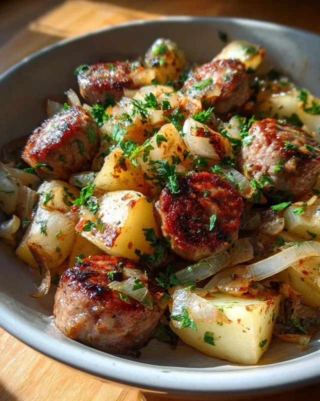 Family-style serving of smoked sausage and potatoes dinner