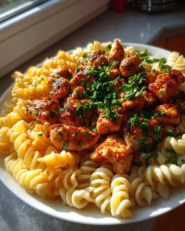 Homemade Garlic Butter Chicken Bites with Spicy Cajun Alfredo Pasta on a white plate