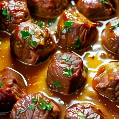 Slow cooker garlic butter beef bites served over mashed potatoes with fresh parsley garnish