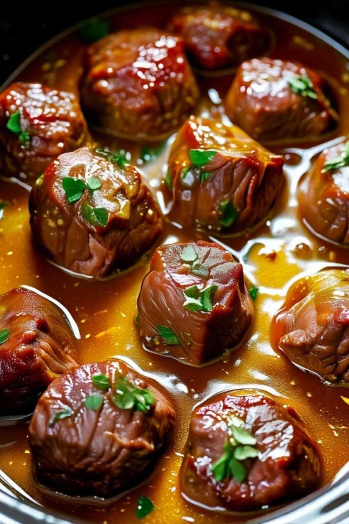 Slow cooker garlic butter beef bites served over mashed potatoes with fresh parsley garnish