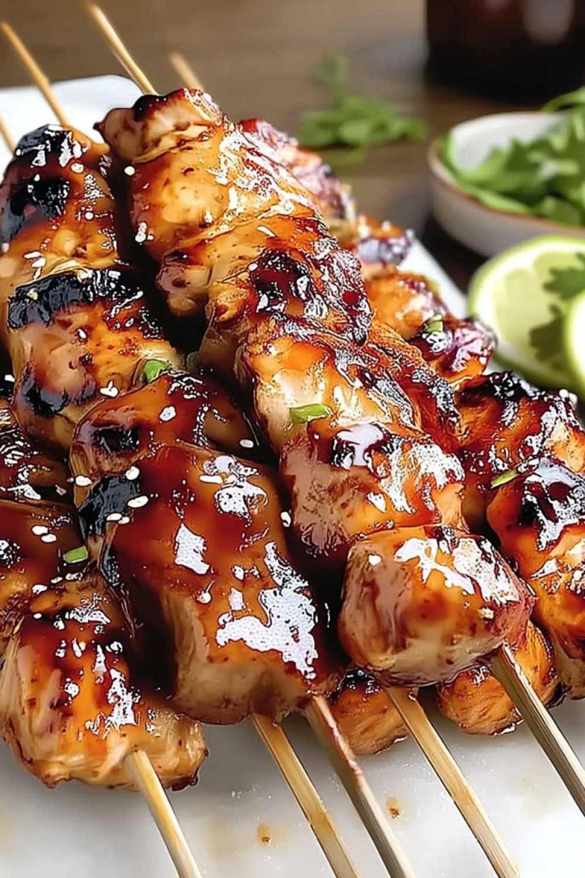 Tender bourbon-glazed chicken skewers on grill with sticky caramelized coating