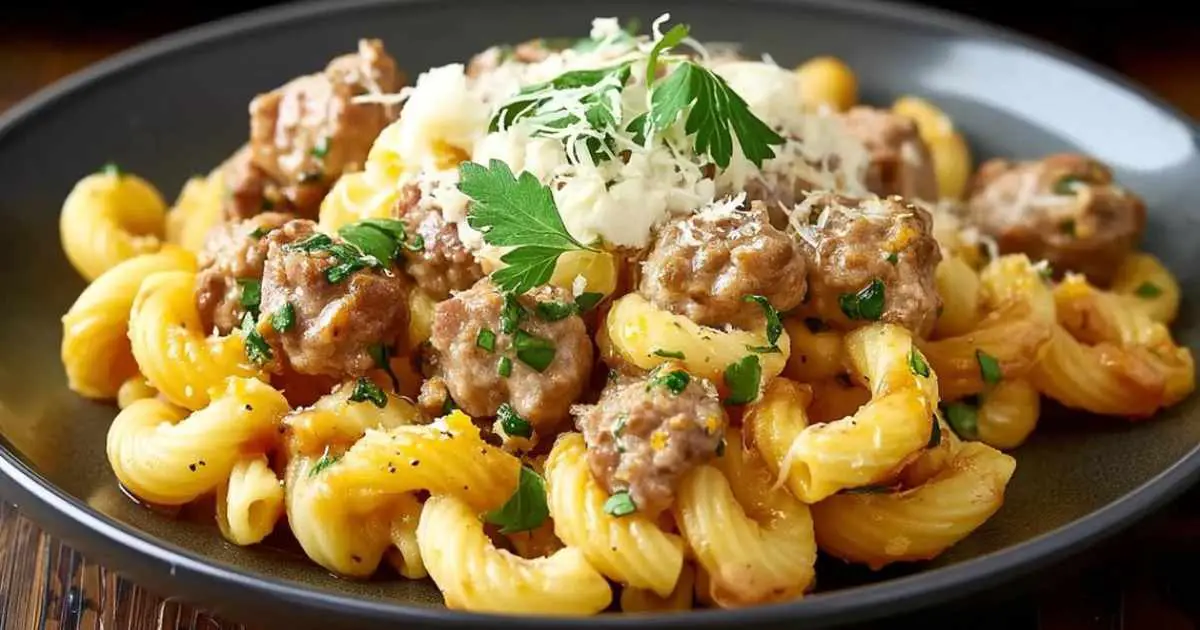 Creamy garlic parmesan sauce being stirred into rotini pasta with ground beef