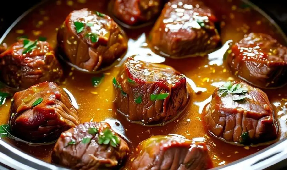 Raw beef cubes, garlic, butter and spices arranged for slow cooker garlic butter beef bites