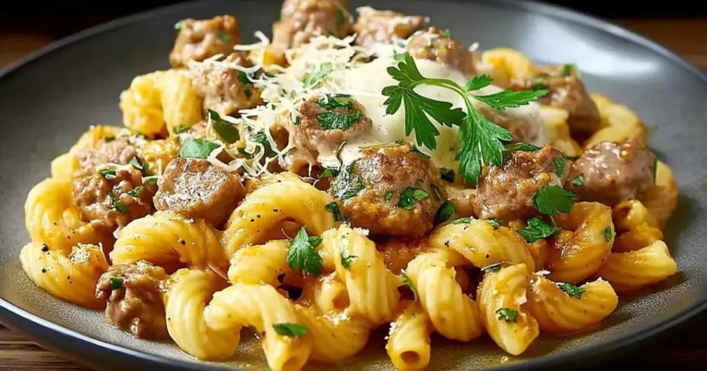 Creamy garlic parmesan sauce being stirred into rotini pasta with ground beef