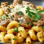 Creamy garlic parmesan sauce being stirred into rotini pasta with ground beef