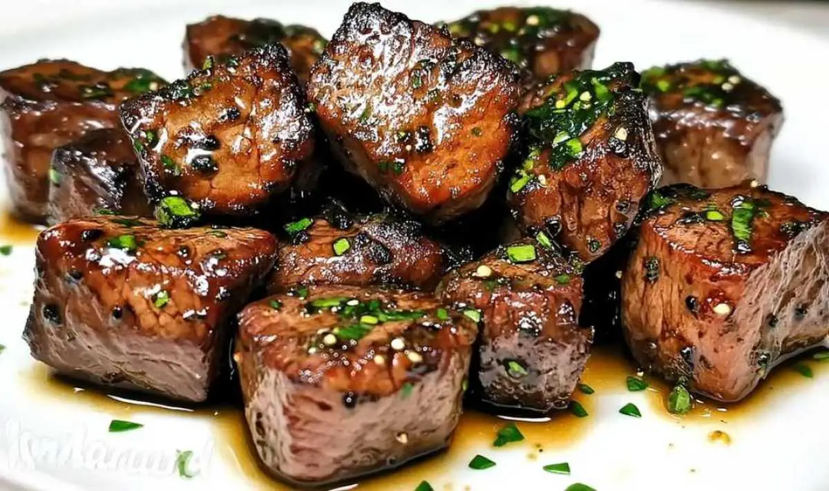 Searing steak bites with stew meat in hot skillet with golden brown crust