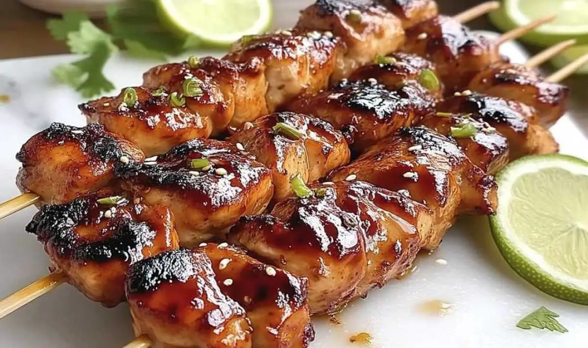 Bourbon chicken skewer ingredients including soy sauce, brown sugar, and chicken thighs