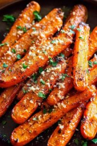 Fresh carrots, Parmesan cheese, garlic, and herbs arranged for roasted carrot recipe