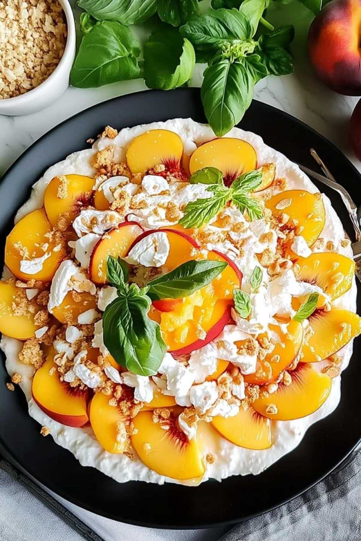 Fresh ingredients for Millionaire Peach Salad including canned peaches marshmallows cream cheese