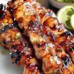 Grilling bourbon-glazed chicken skewers with basting brush applying glaze
