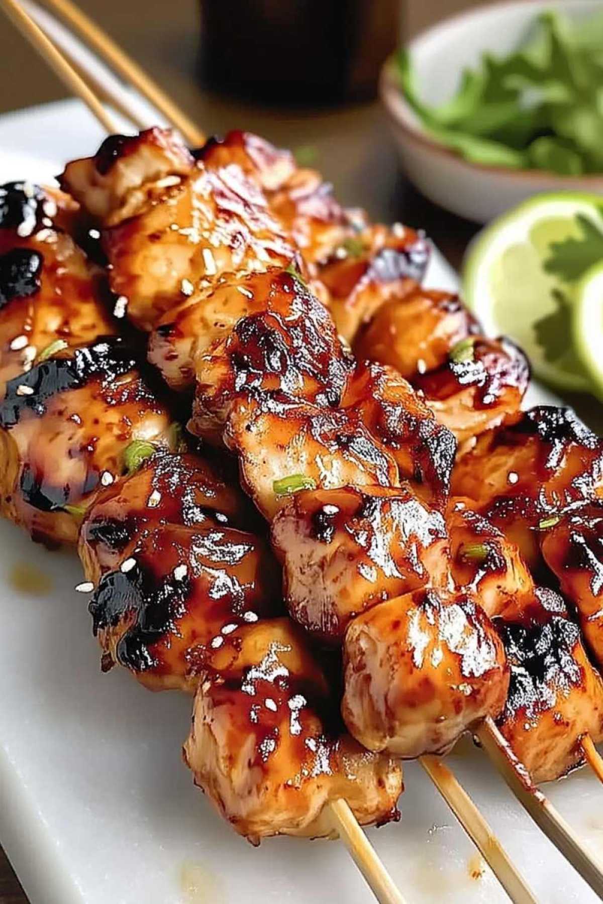 Grilling bourbon-glazed chicken skewers with basting brush applying glaze