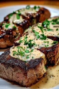 Sliced juicy steak with creamy garlic sauce served with mashed potatoes