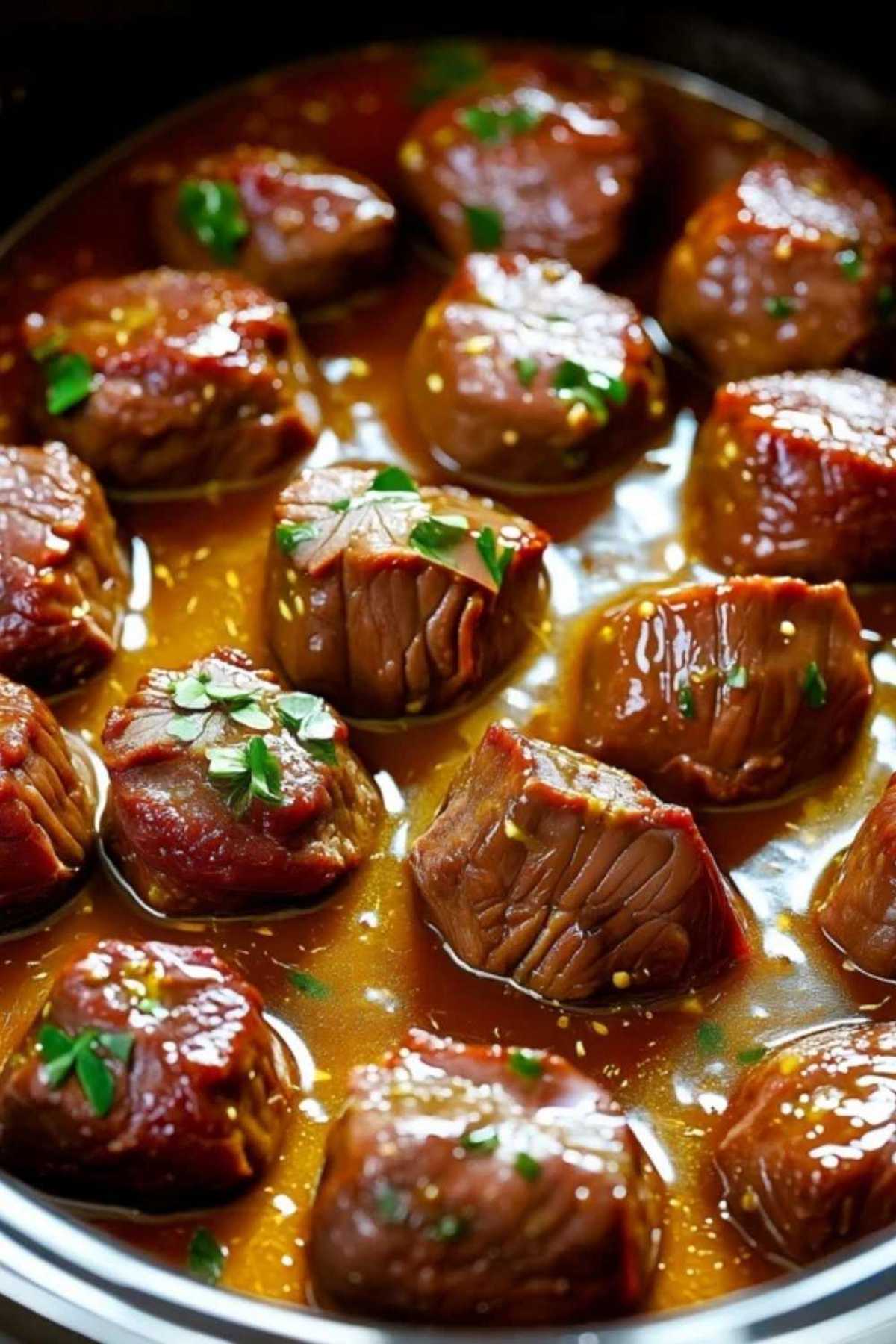 Beef cubes cooking in slow cooker with garlic butter sauce