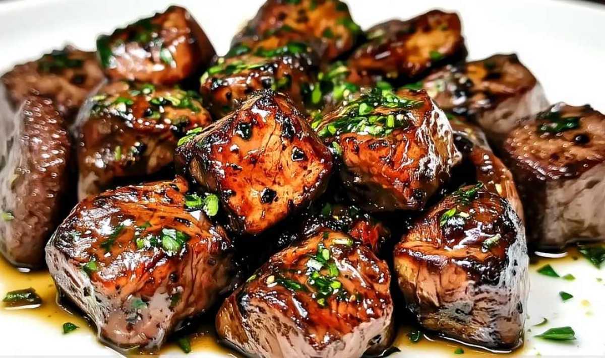 Searing steak bites with stew meat in hot skillet with golden brown crust