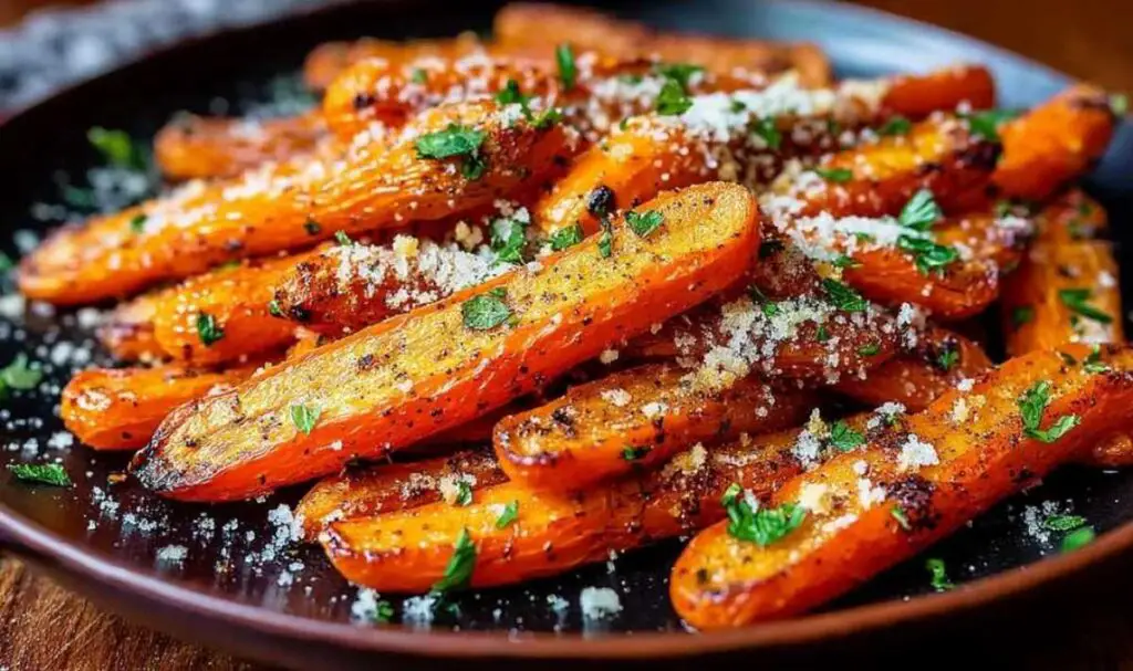Fresh carrots, Parmesan cheese, garlic, and herbs arranged for roasted carrot recipe