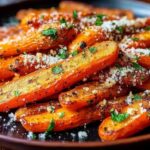 Fresh carrots, Parmesan cheese, garlic, and herbs arranged for roasted carrot recipe