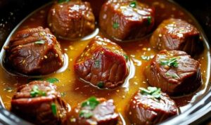 Beef cubes cooking in slow cooker with garlic butter sauce