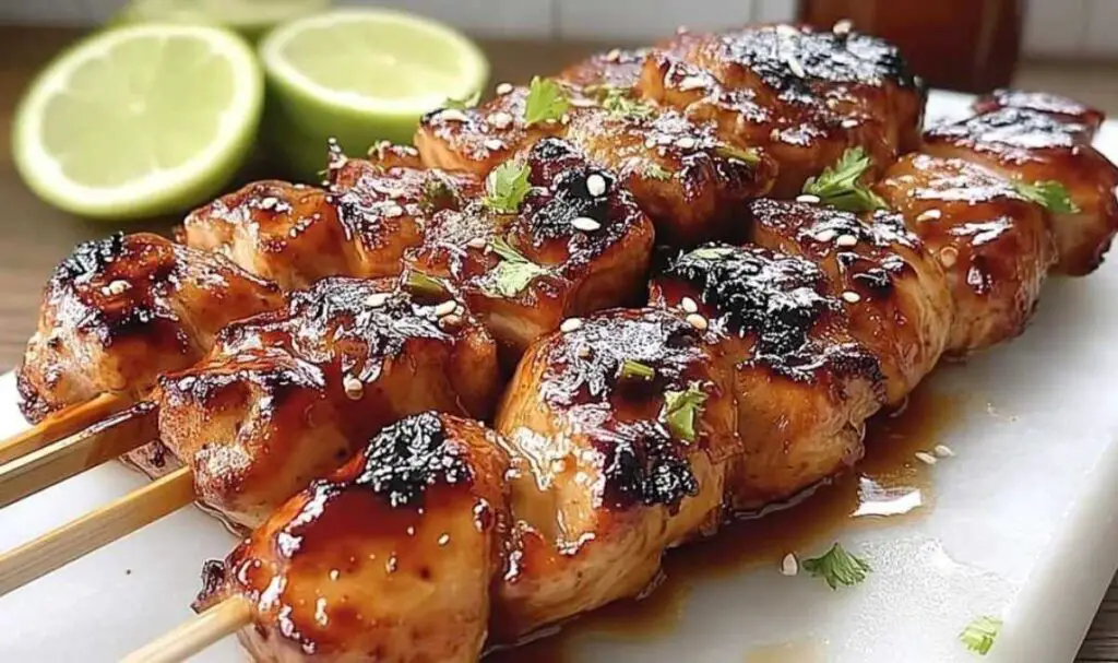 Grilling bourbon-glazed chicken skewers with basting brush applying glaze