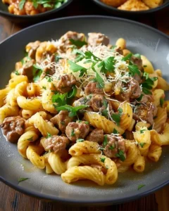 Ground beef cooking with onions and garlic in large skillet for rotini pasta recipe