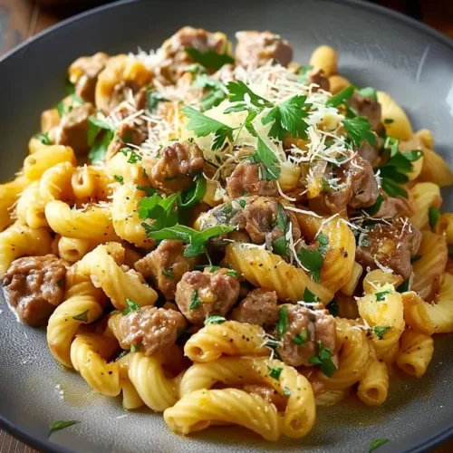 Ground beef cooking with onions and garlic in large skillet for rotini pasta recipe