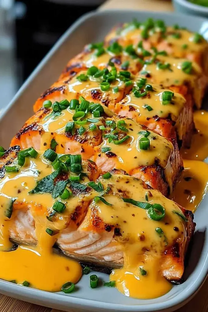 Bang Bang Salmon with creamy spicy sauce drizzled over golden seared salmon fillet