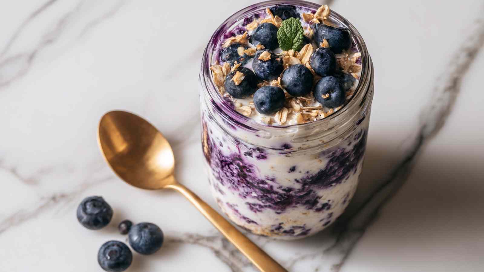 Creamy blueberry cheesecake overnight oats topped with fresh berries in mason jar