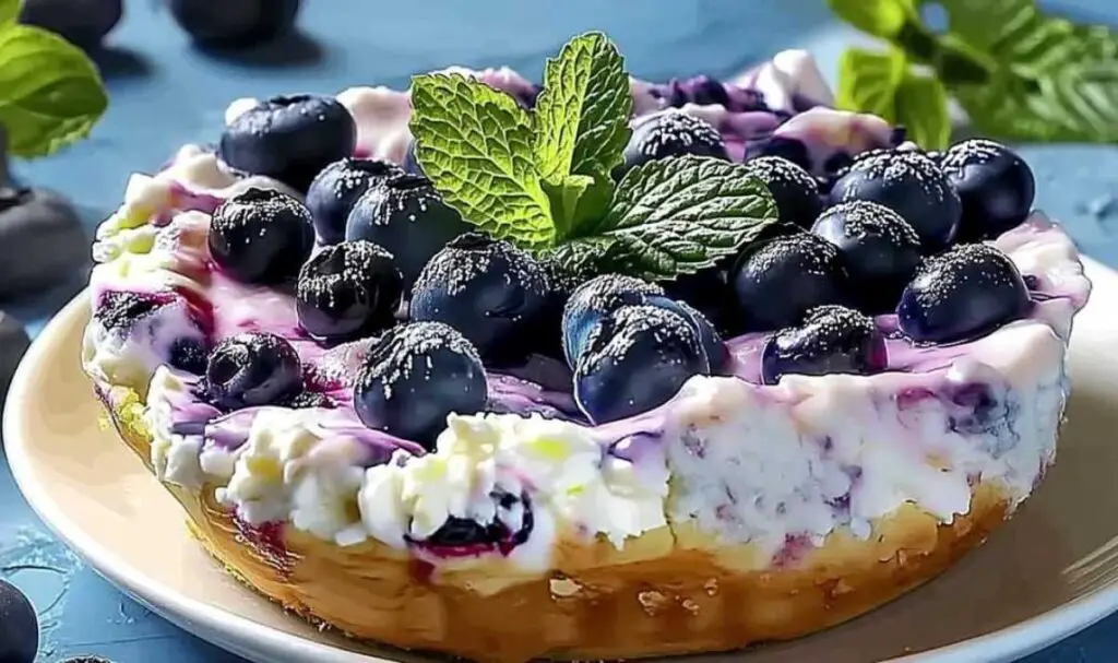 Blueberry cottage cheese breakfast bake slice on white plate with fresh berries