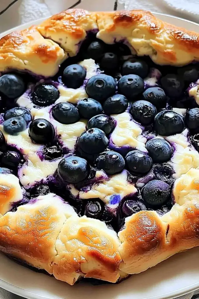 Golden blueberry cottage cheese breakfast bake in white baking dish with fresh blueberries on top
