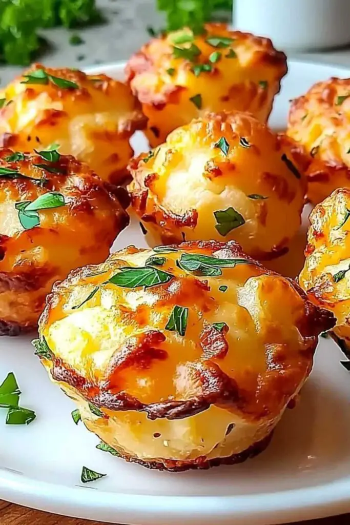 Golden cheesy mashed potato puffs arranged on white plate with fresh chives garnish