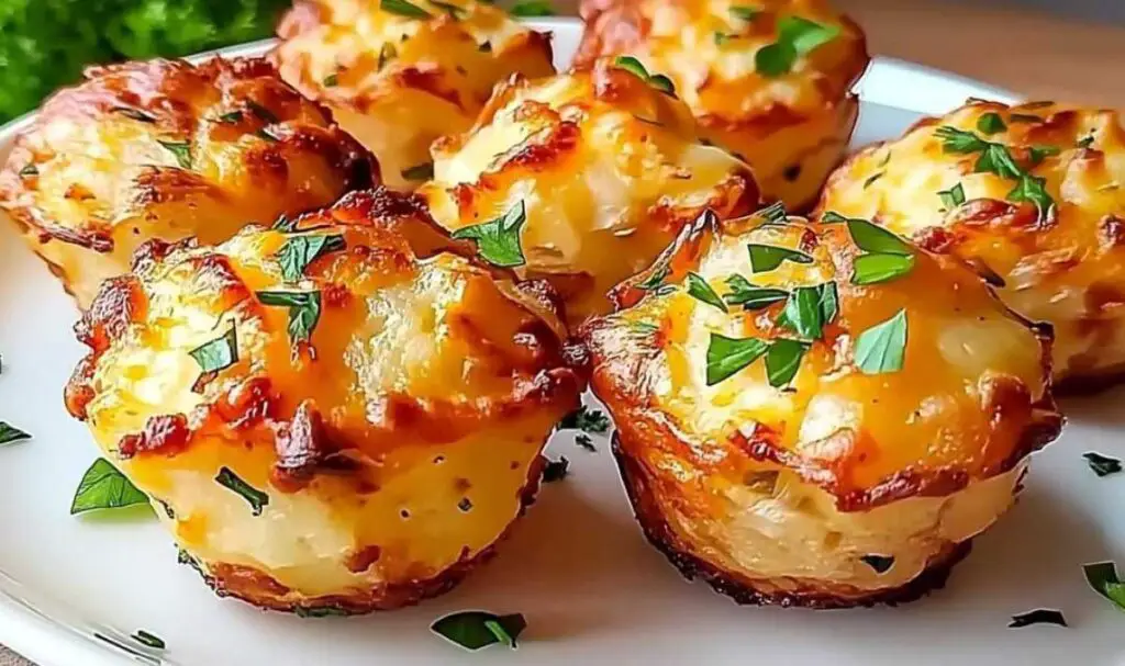 Mixing bowl showing cheesy mashed potato puff mixture with eggs and herbs being combined