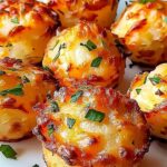 Cheesy mashed potato puffs served as side dish with roasted chicken and green vegetables