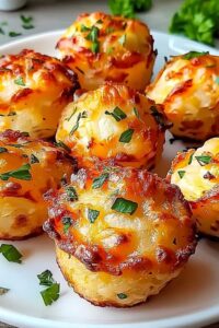 Cheesy mashed potato puffs served as side dish with roasted chicken and green vegetables