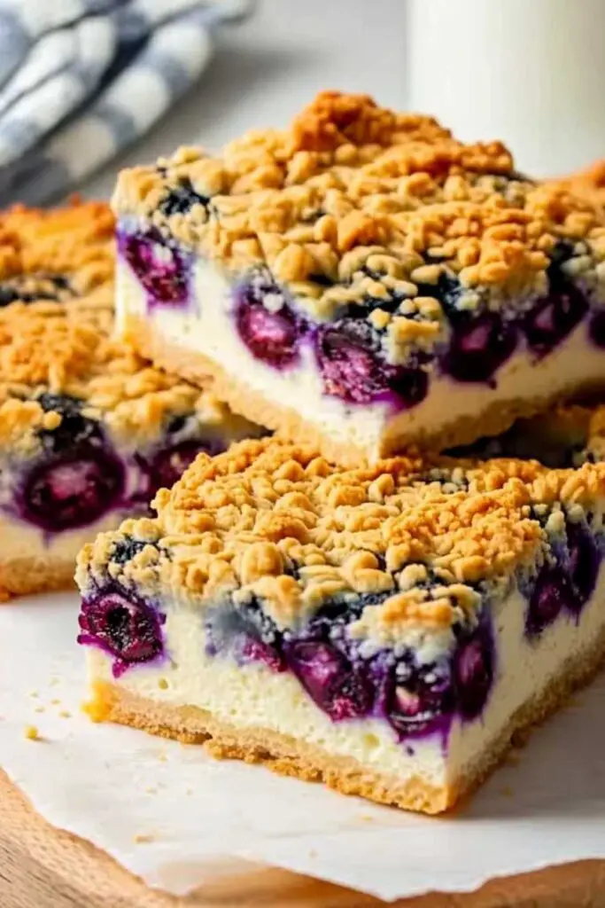Cottage Cheese Breakfast Bake with golden oat crumble topping and fresh blueberries in white baking dish