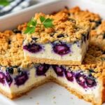 Slice of Cottage Cheese Breakfast Bake on white plate showing creamy interior with blueberries and crumble topping