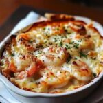 Making creamy cheese sauce for seafood gratin in skillet with wooden spoon