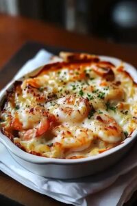 Making creamy cheese sauce for seafood gratin in skillet with wooden spoon