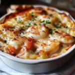 Making creamy cheese sauce for seafood gratin in skillet with wooden spoon