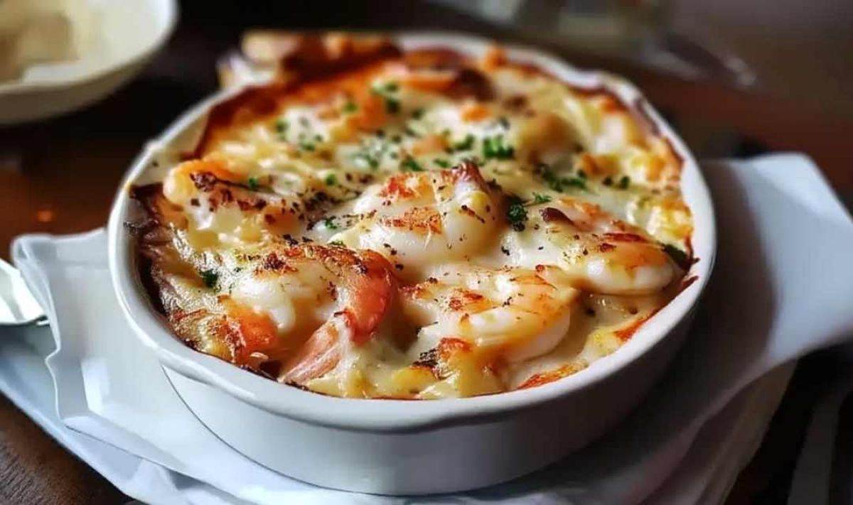 Making creamy cheese sauce for seafood gratin in skillet with wooden spoon