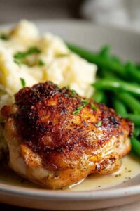 Crispy baked chicken thighs served with roasted vegetables on dinner plate