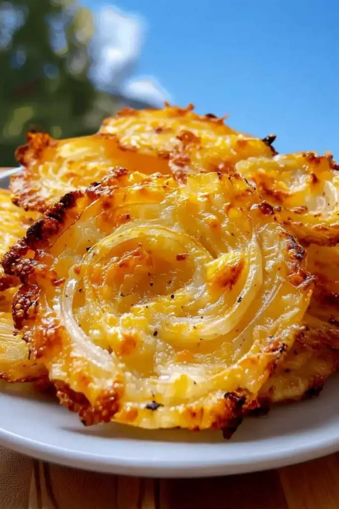 Easy cheesy onion crisp served warm as appetizer on white plate