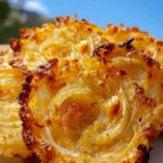 Sliced onion rings on baking sheet before adding cheese for easy cheesy onion crisp
