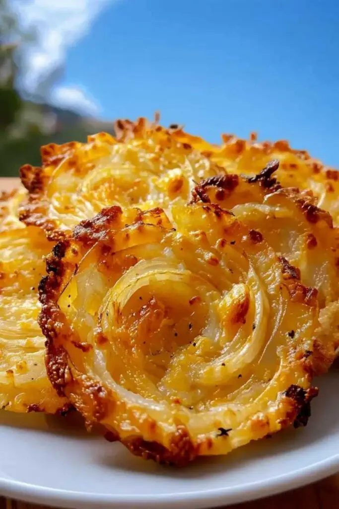 Sliced onion rings on baking sheet before adding cheese for easy cheesy onion crisp