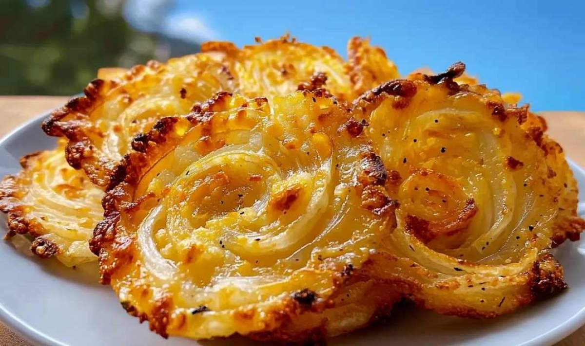 Easy cheesy onion crisp with golden melted cheddar cheese on baking sheet